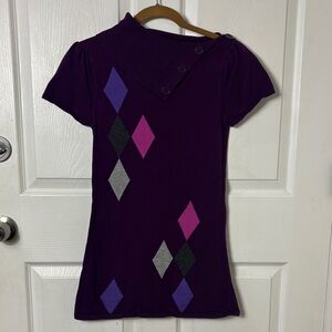 Y2K prep purple short sleeve Argyle Cotton sweater shawl collar sz Medium MANDEE